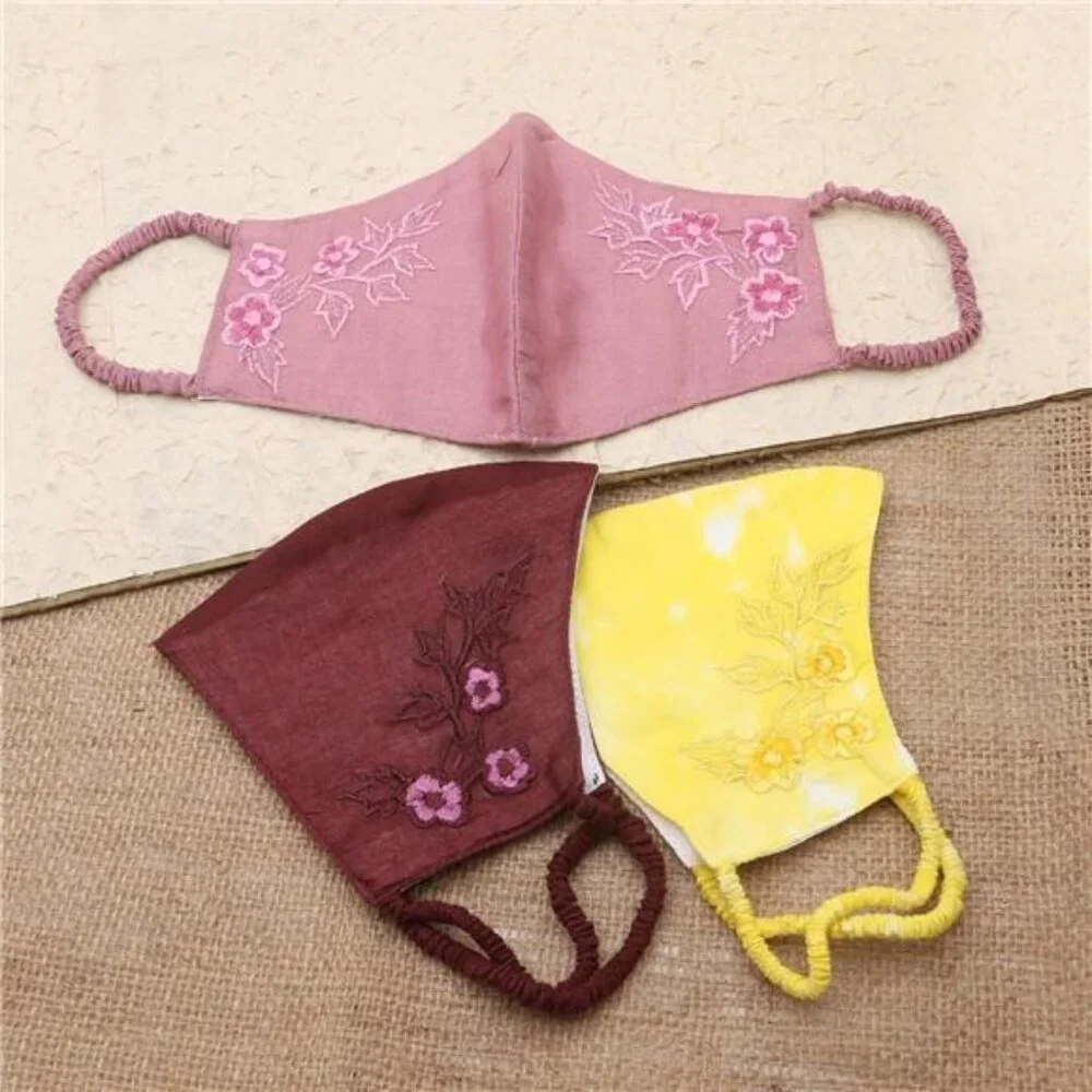 Artisan Handmade Embroidered Cotton Face Masks 3 Colorful Floral